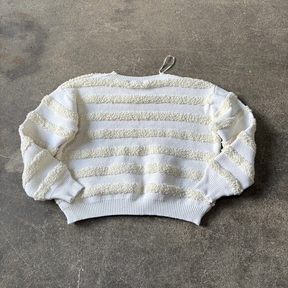 Threaded Leaf Crop Oversized Sweater Womens M White Ivory Knotted Striped Loose - Picture 3 of 8